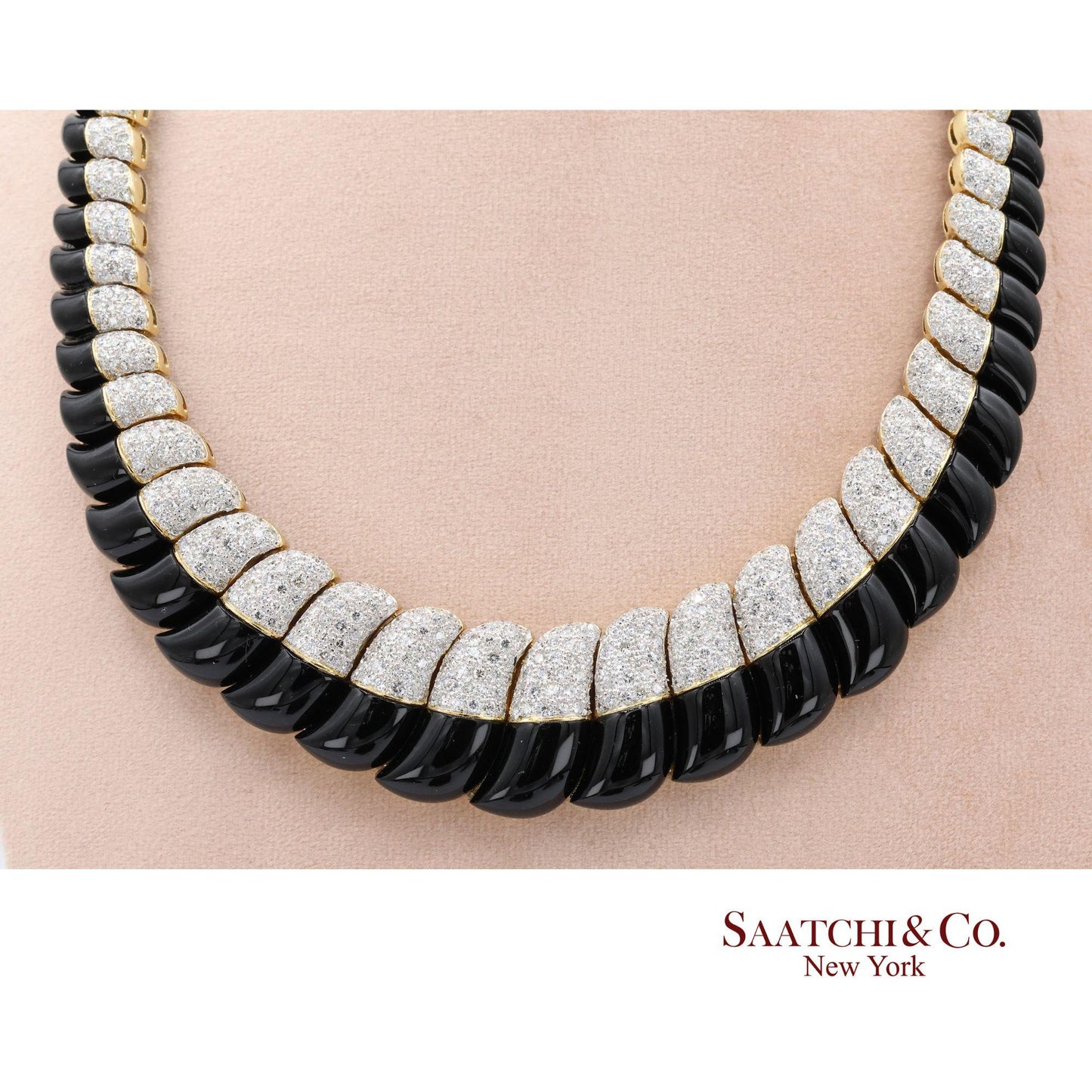 18K White & Yellow Gold Black Natural Onyx Necklace with Natural White Diamonds