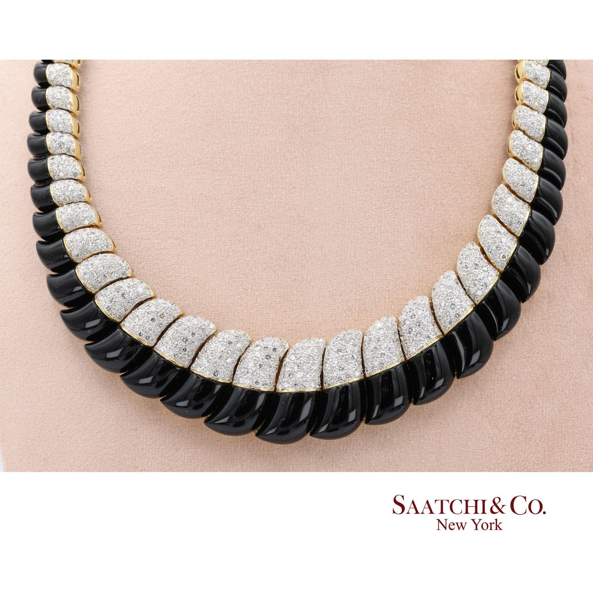 18K White & Yellow Gold Black Natural Onyx Necklace with Natural White Diamonds