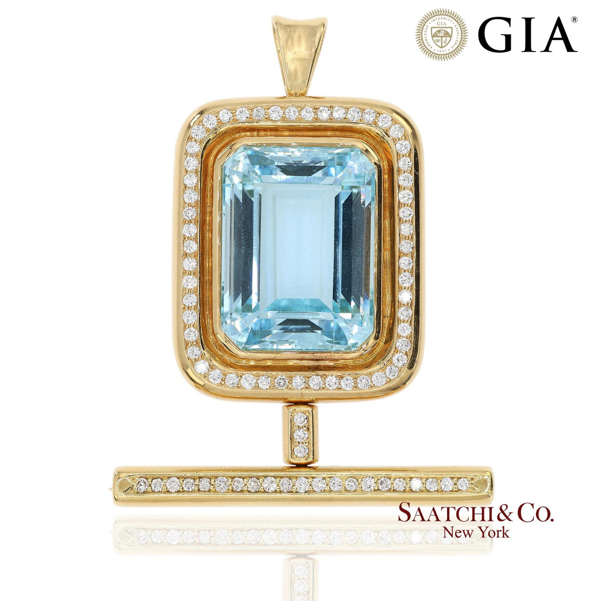 GIA 60 Ct Aquamarine and 4 Ct Diamond 18K Yellow Gold Convertible Pendant Brooch