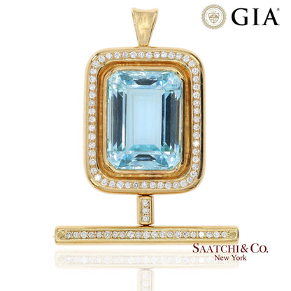GIA 60 Ct Aquamarine and 4 Ct Diamond 18K Yellow Gold Convertible Pendant Brooch