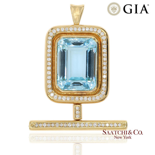 GIA 60 Ct Aquamarine and 4 Ct Diamond 18K Yellow Gold Convertible Pendant Brooch