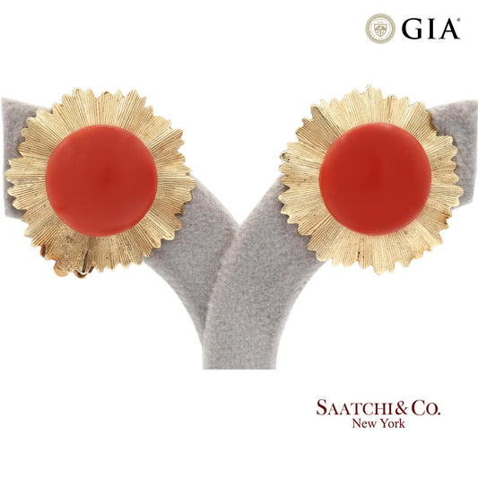 Vintage GIA Certified 14K Yellow Gold Natural Coral Earrings with Omega Back