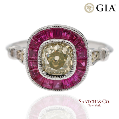 GIA Certified 18K 750 Solid White Gold Natural Diamond and Ruby Engagement Ring