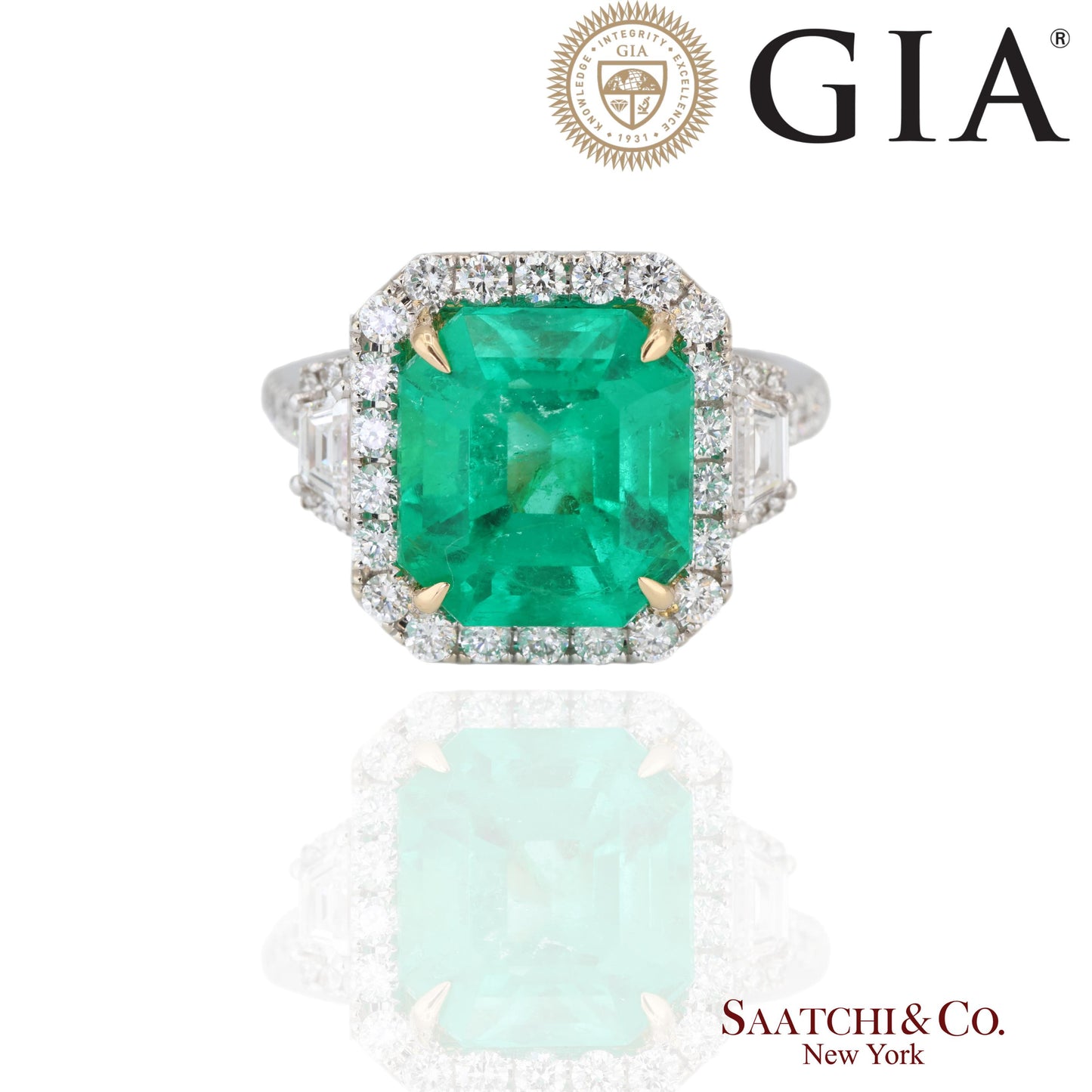 GIA 18k (750) White Gold Natural Colombian Emerald and Natural Diamond Ring
