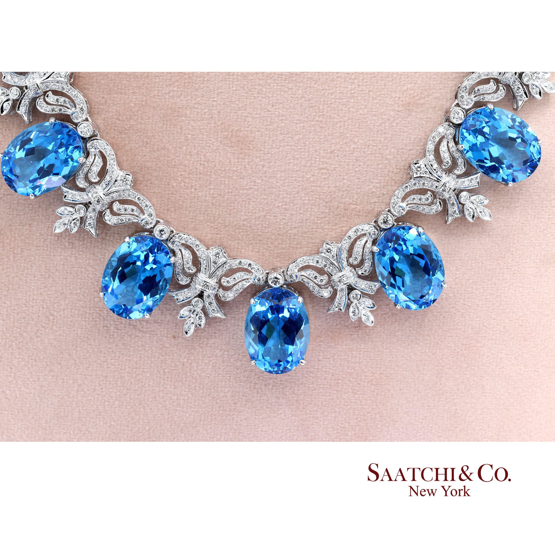 10K White Gold Natural Diamond Royal Blue Topaz Elegant Necklace