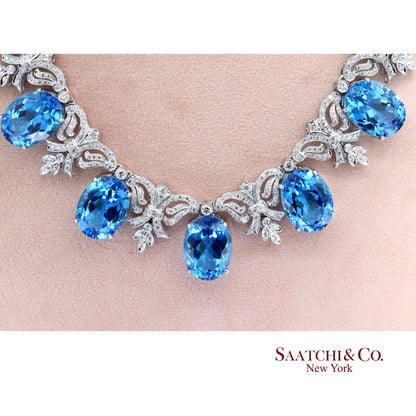10K White Gold Natural Diamond Royal Blue Topaz Elegant Necklace