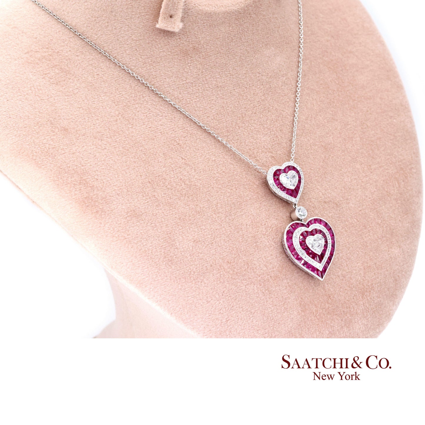 GIA Platinum 950 Double Heart Natural Burma Ruby Milgrain Pendant Necklace