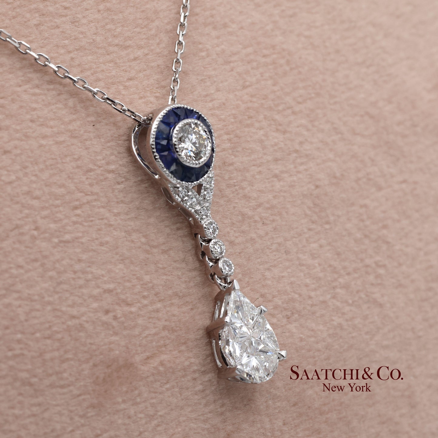 18K White Gold Natural Diamond and Pie Cut Sapphire Pendant with 14K Gold Chain