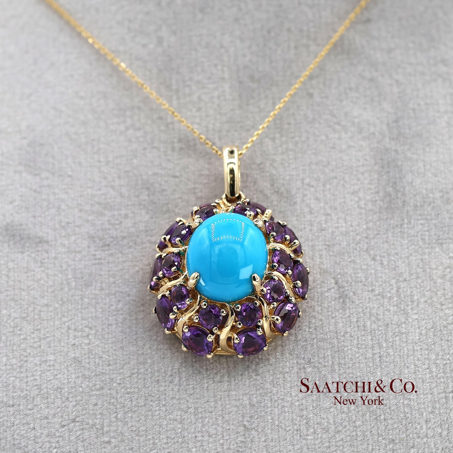 14K Yellow Gold Carlo Viani Turquoise and Amethyst Pendant Necklace with Chain