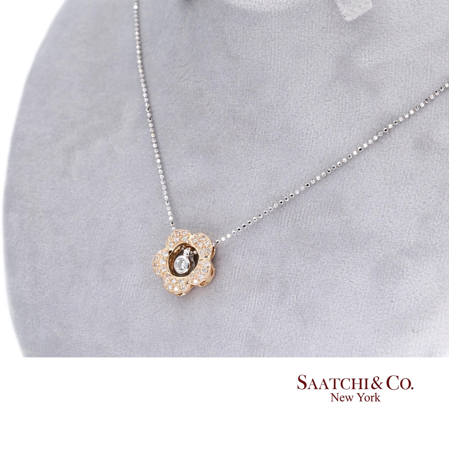 18K 750 Two Tone Rose and White Gold Natural Diamond Flower Pendant with Chain