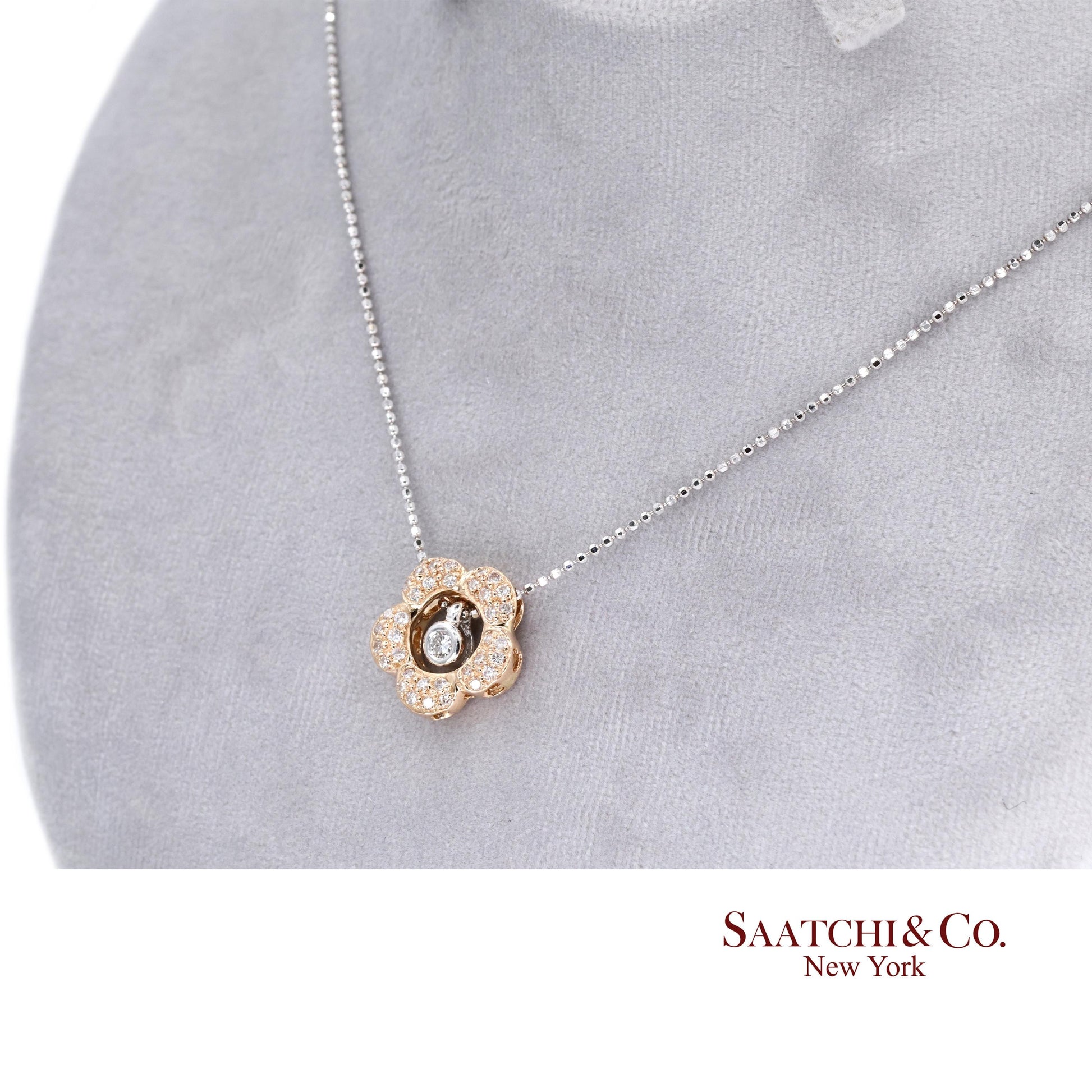 18K 750 Two Tone Rose and White Gold Natural Diamond Flower Pendant with Chain