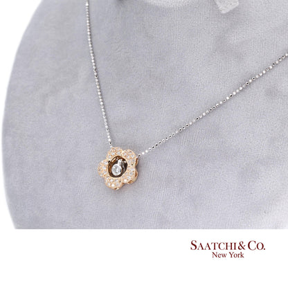 18K 750 Two Tone Rose and White Gold Natural Diamond Flower Pendant with Chain