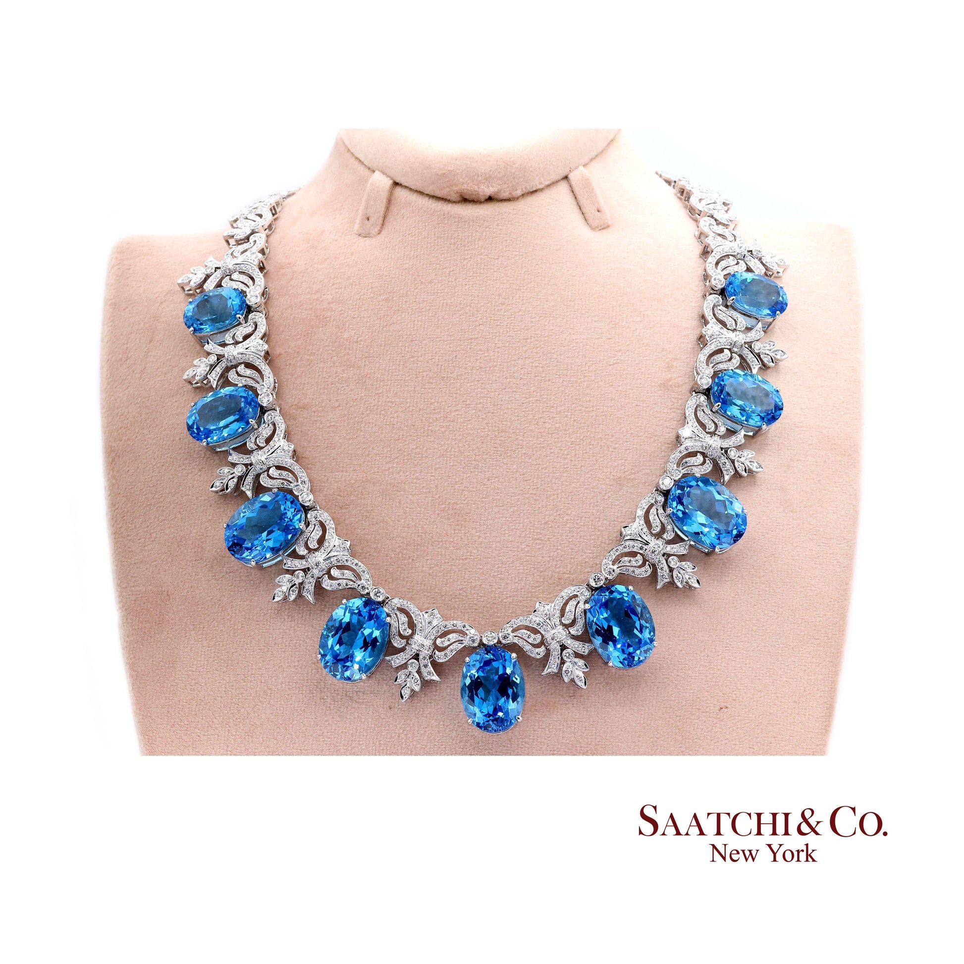 10K White Gold Natural Diamond Royal Blue Topaz Elegant Necklace