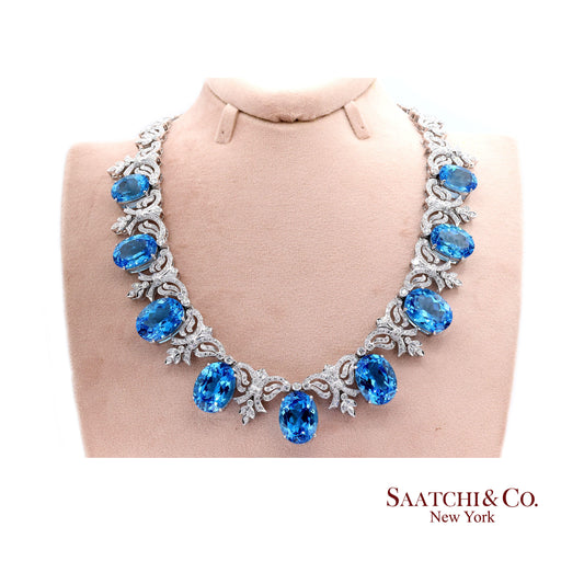 10K White Gold Natural Diamond Royal Blue Topaz Elegant Necklace