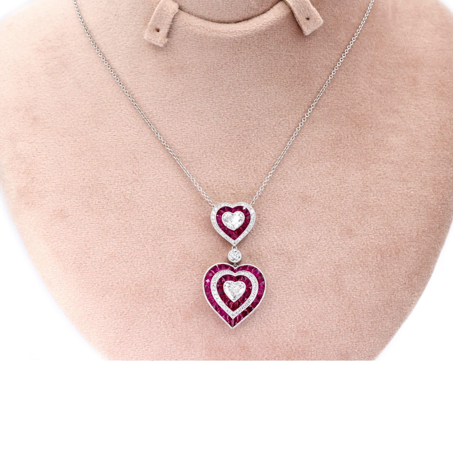 GIA Platinum 950 Double Heart Natural Burma Ruby Milgrain Pendant Necklace
