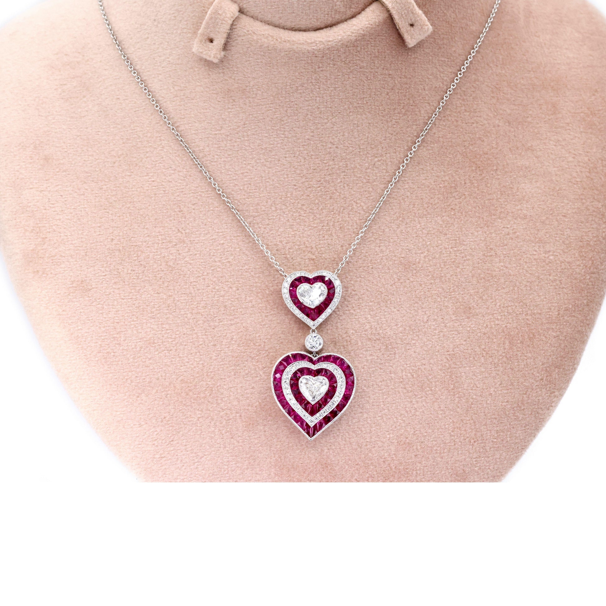 GIA Platinum 950 Double Heart Natural Burma Ruby Milgrain Pendant Necklace