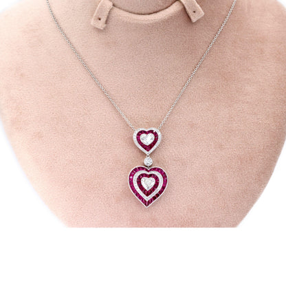 GIA Platinum 950 Double Heart Natural Burma Ruby Milgrain Pendant Necklace