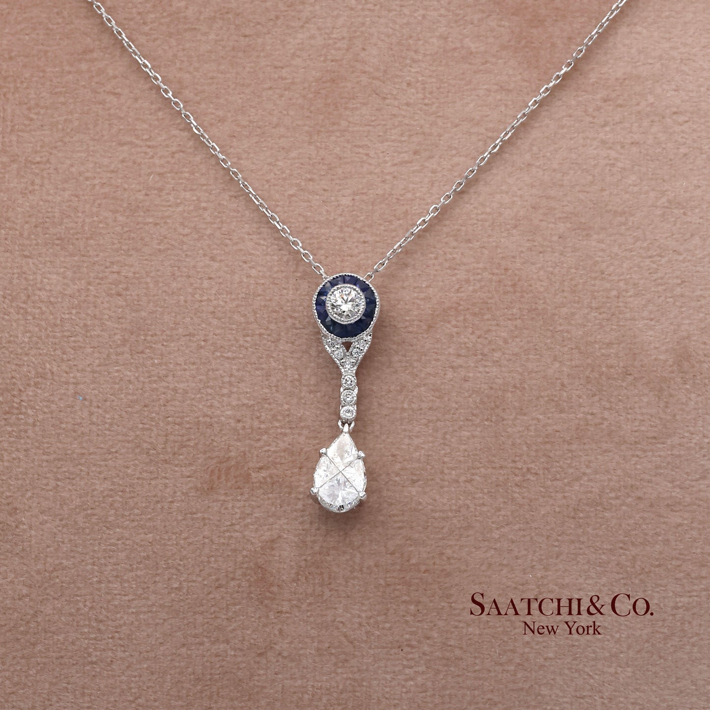 18K White Gold Natural Diamond and Pie Cut Sapphire Pendant with 14K Gold Chain