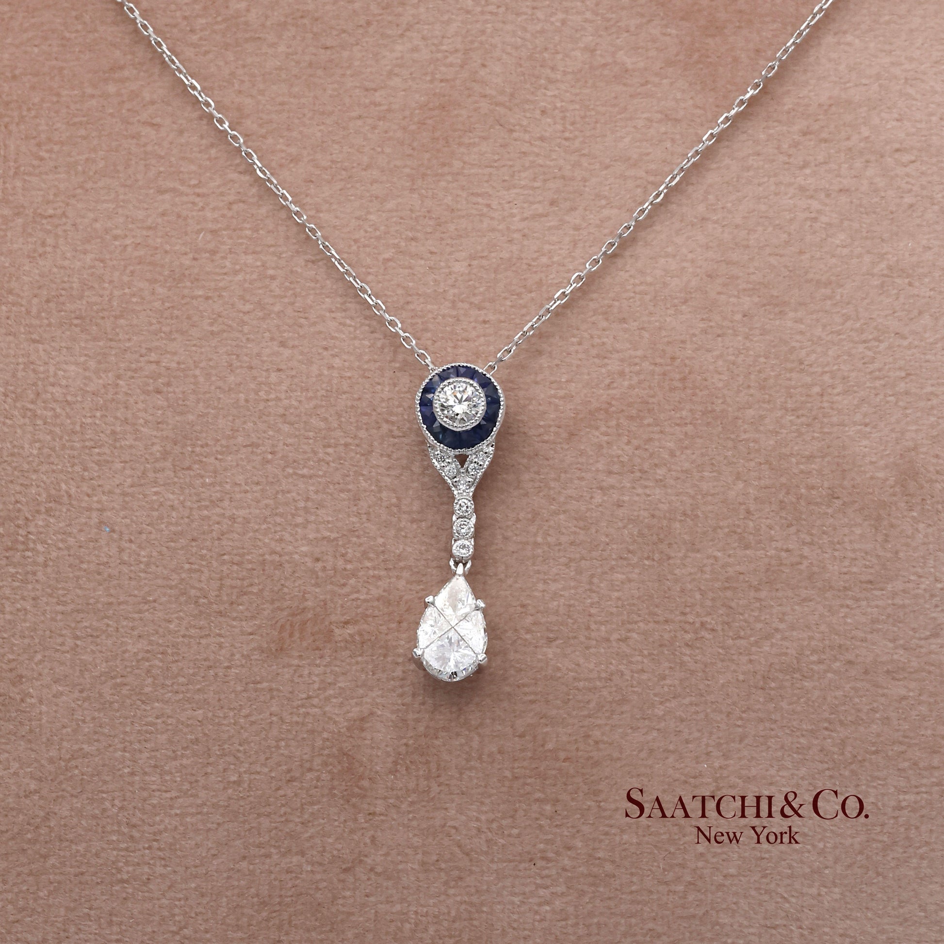 18K White Gold Natural Diamond and Pie Cut Sapphire Pendant with 14K Gold Chain