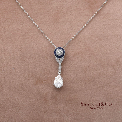 18K White Gold Natural Diamond and Pie Cut Sapphire Pendant with 14K Gold Chain