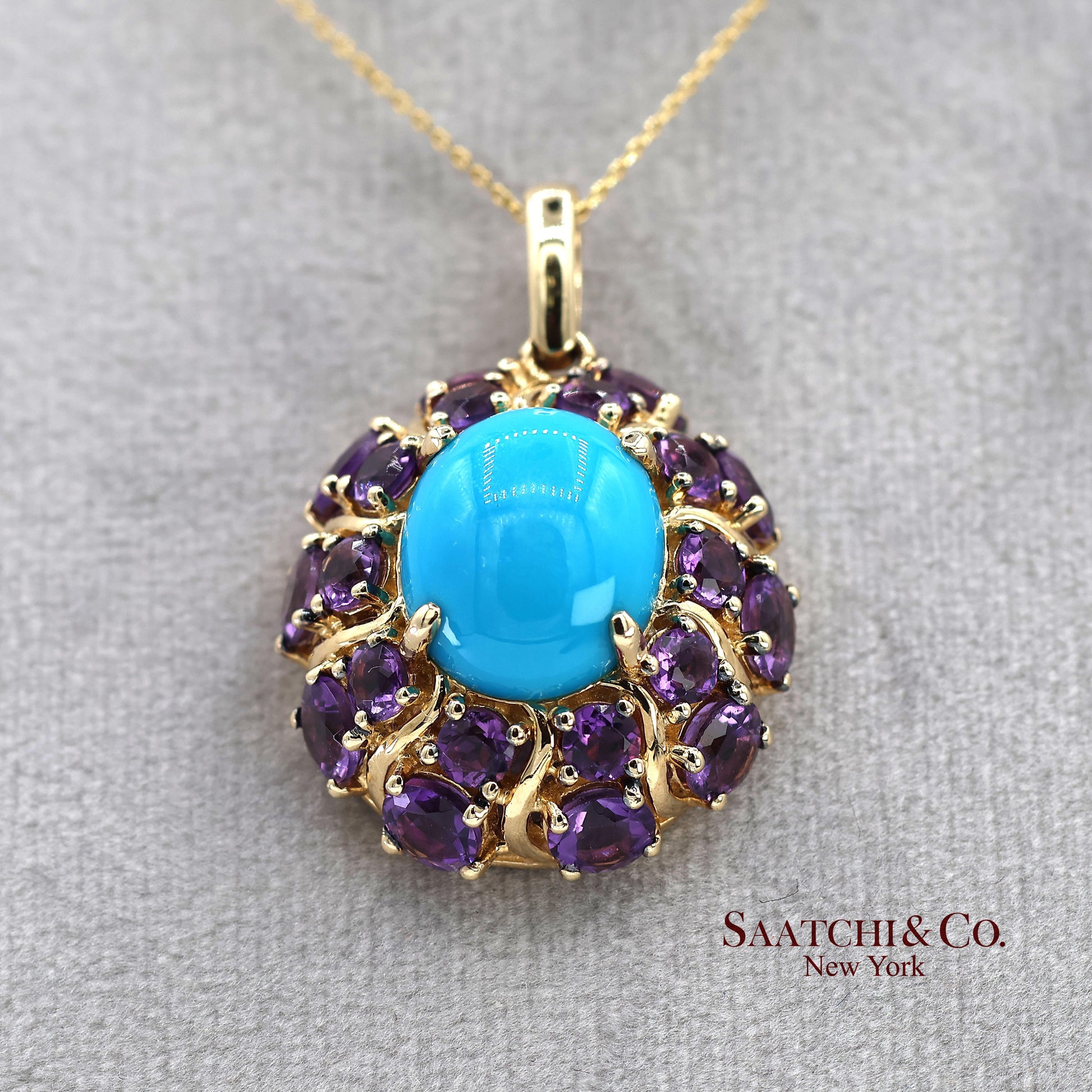 14K Yellow Gold Carlo Viani Turquoise and Amethyst Pendant Necklace with Chain
