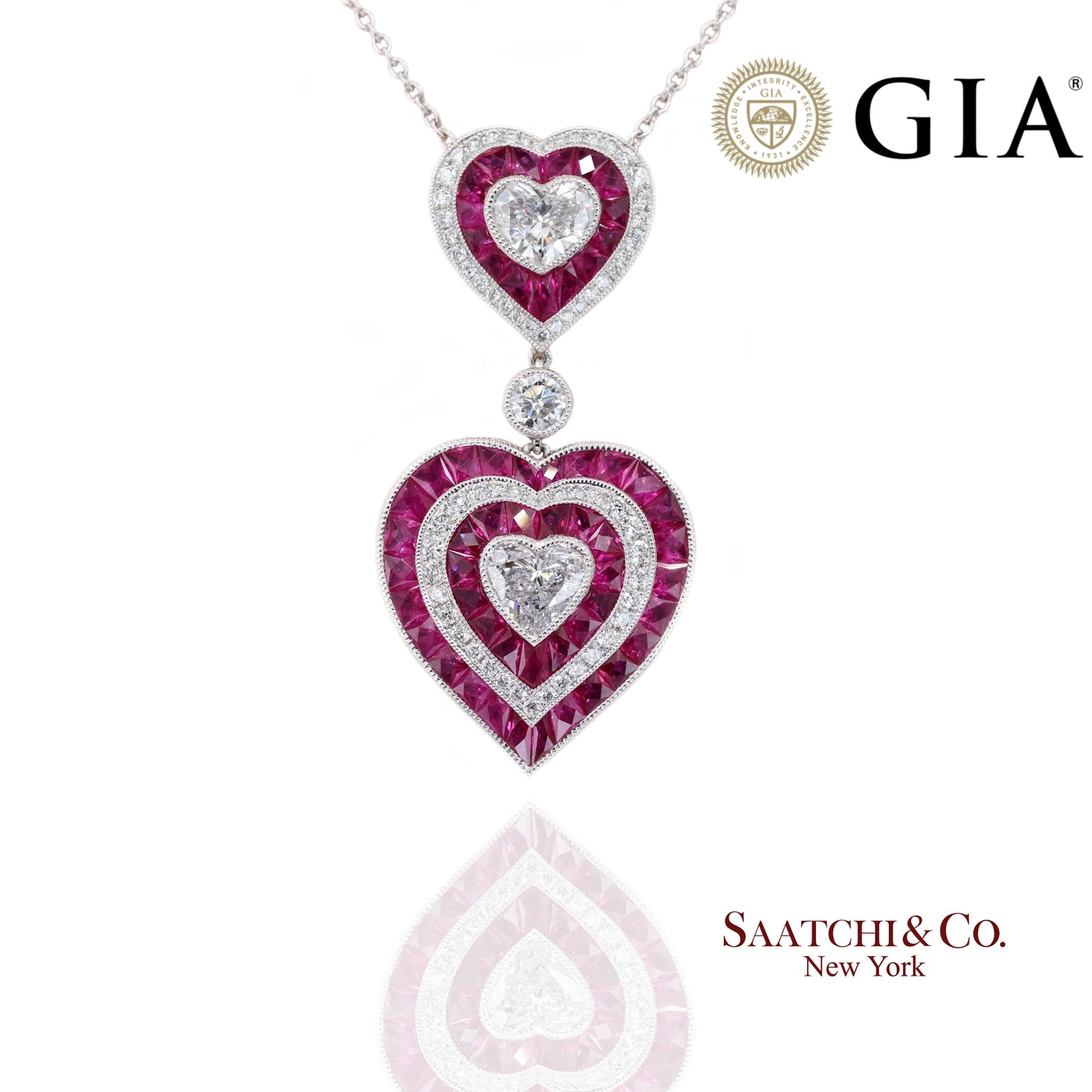 GIA Platinum 950 Double Heart Natural Burma Ruby Milgrain Pendant Necklace