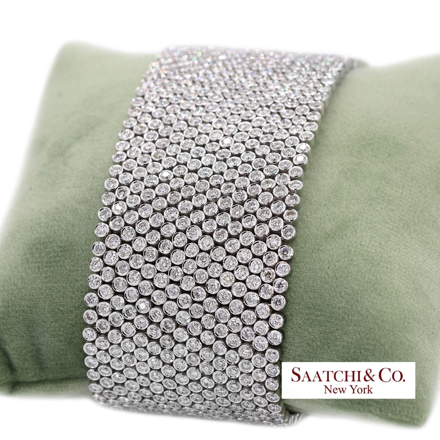 18K (750) White Gold Natural Diamond Wide Mesh Bracelet 15 Rows