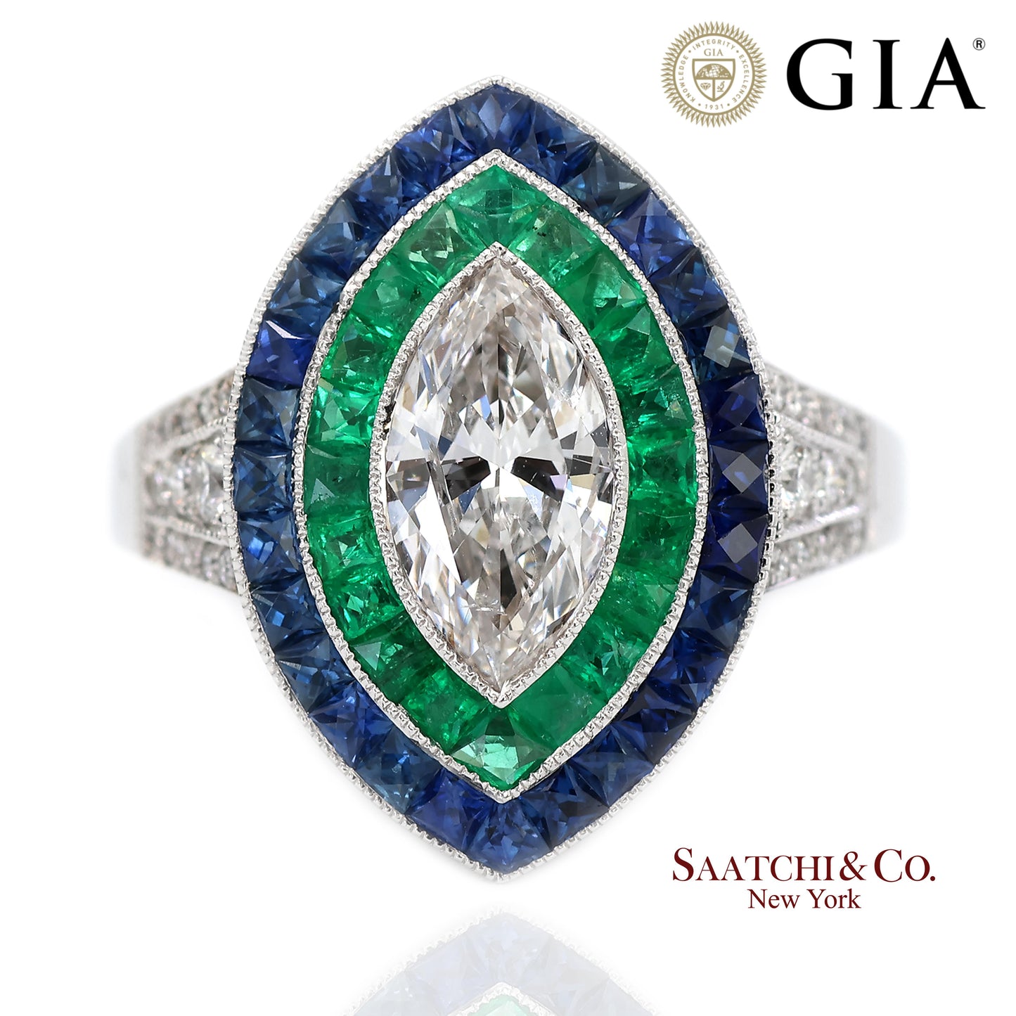 GIA_18K 750 Solid White Gold Natural Diamond Emerald and Sapphire Milgrain Ring