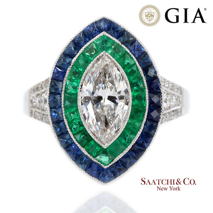 GIA_18K 750 Solid White Gold Natural Diamond Emerald and Sapphire Milgrain Ring