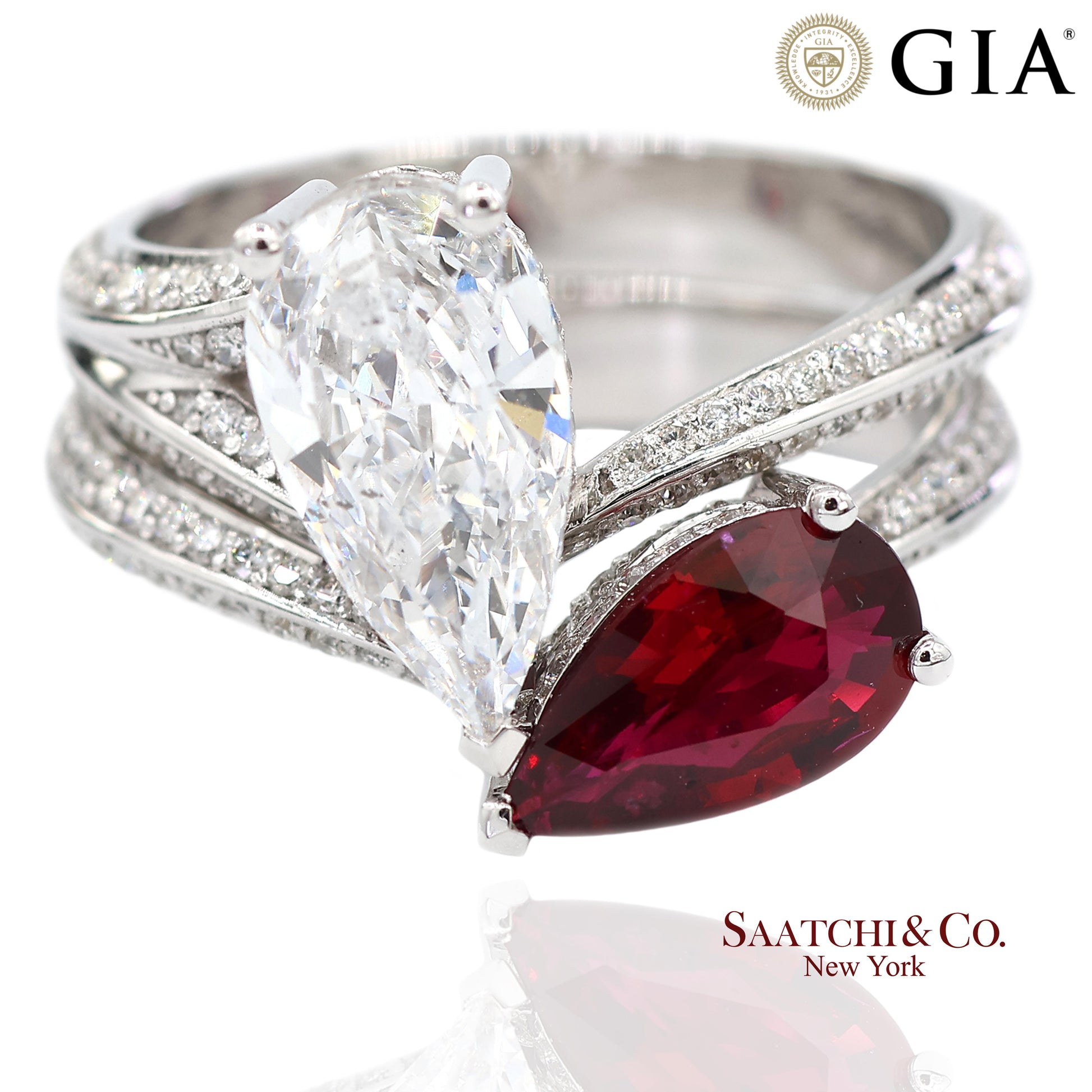 18K(750) Solid White Gold Natural Diamond and Ruby Toi et Moi Ring