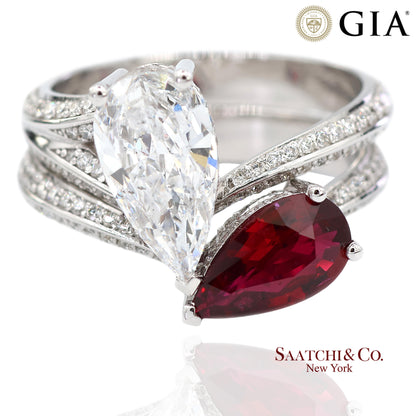 18K(750) Solid White Gold Natural Diamond and Ruby Toi et Moi Ring