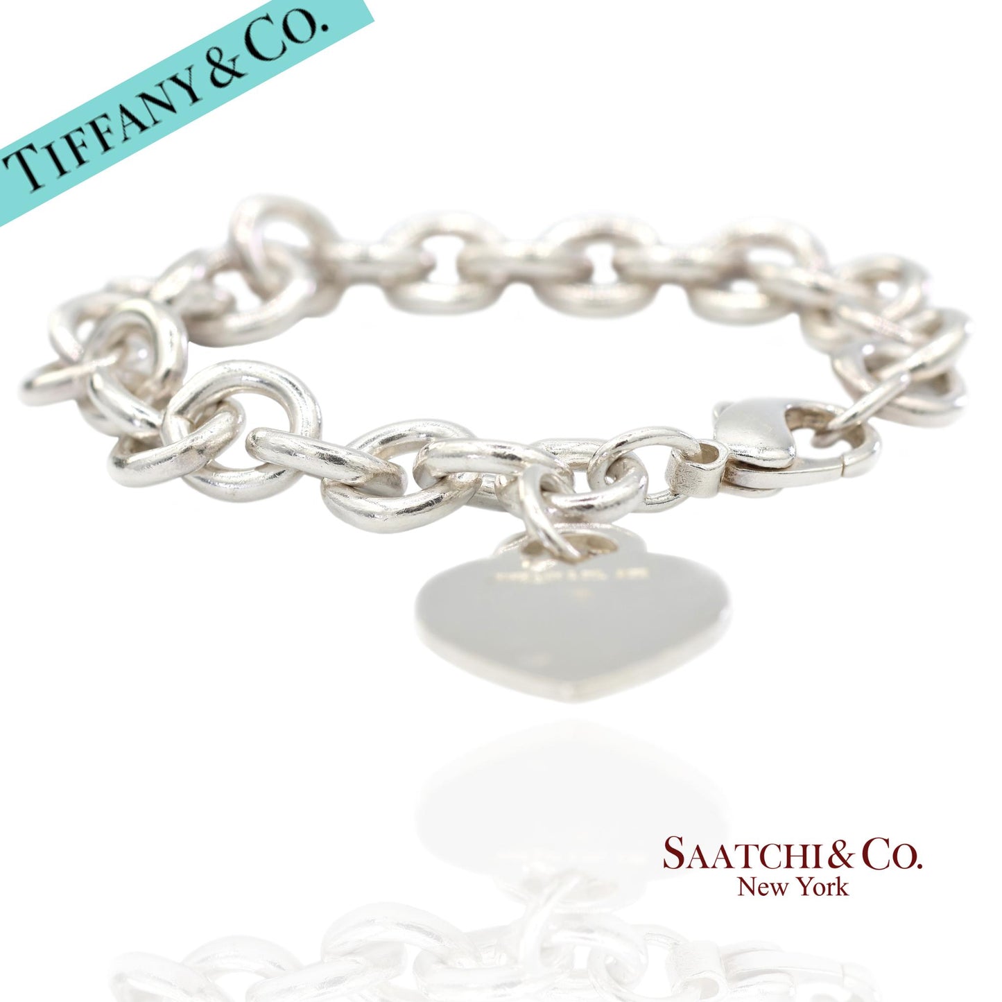 Tiffany & Co. 925 Sterling Silver Heart Charm Cable Chain Bracelet