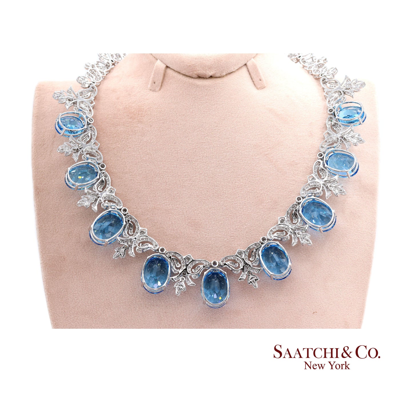 10K White Gold Natural Diamond Royal Blue Topaz Elegant Necklace