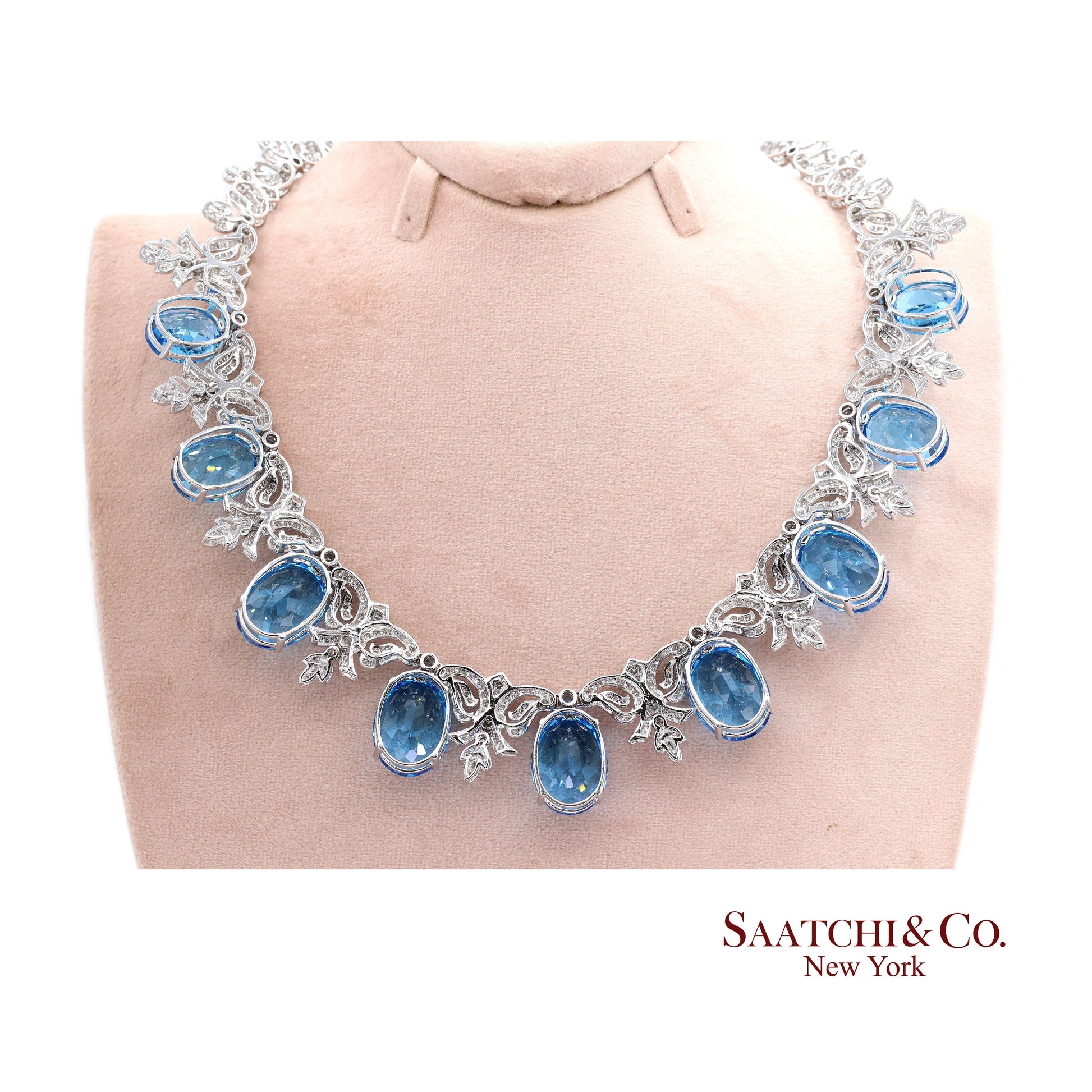 10K White Gold Natural Diamond Royal Blue Topaz Elegant Necklace