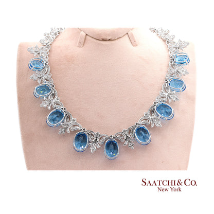 10K White Gold Natural Diamond Royal Blue Topaz Elegant Necklace