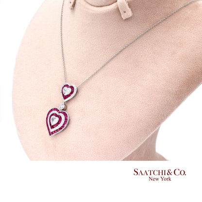 GIA Platinum 950 Double Heart Natural Burma Ruby Milgrain Pendant Necklace
