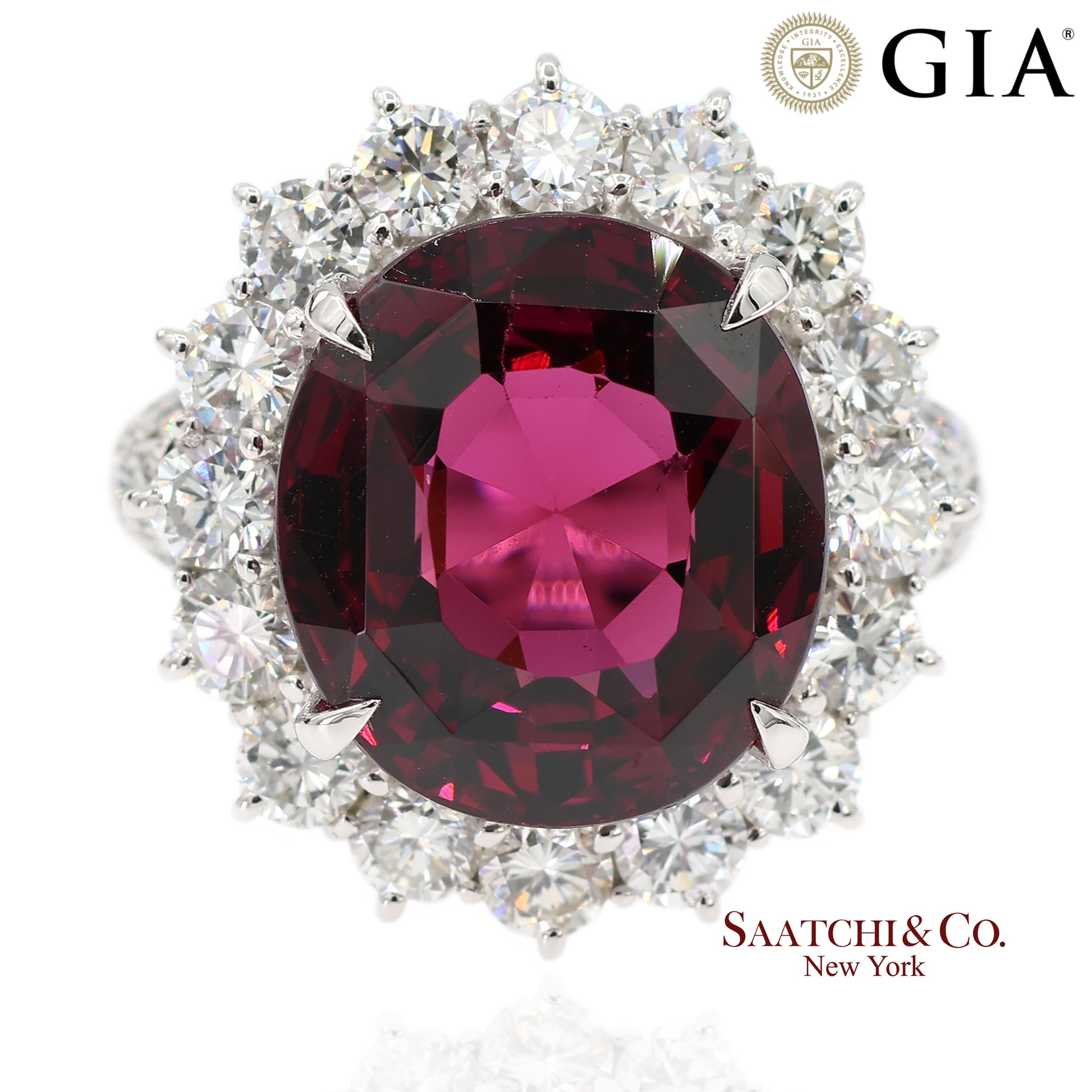 GIA Certified Solid Platinum 900 Natural Diamond and Natural Garnet Ring