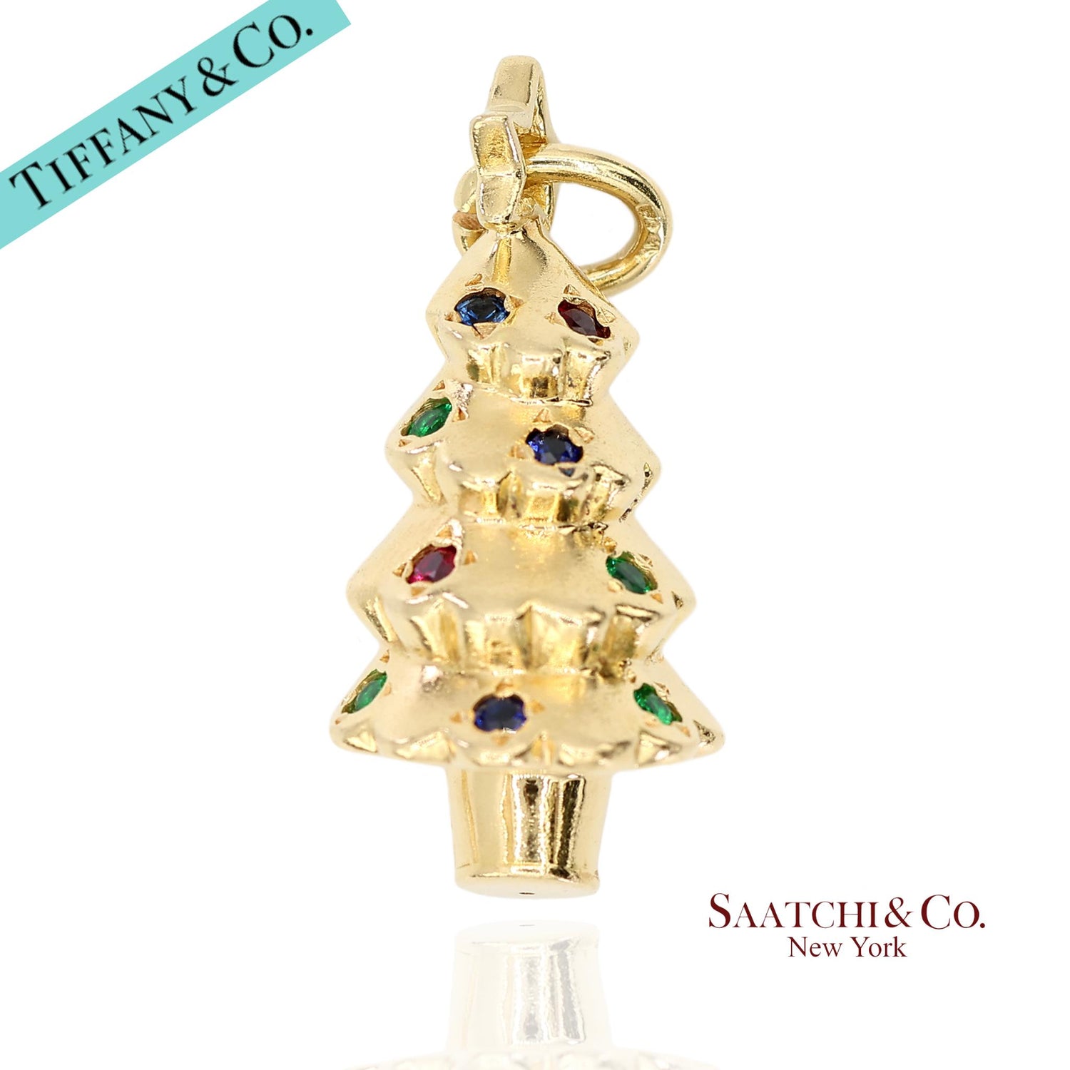 Tiffany & Co. 18K 750 Yellow Gold Rainbow Gemstone Christmas Tree Charm Pendant
