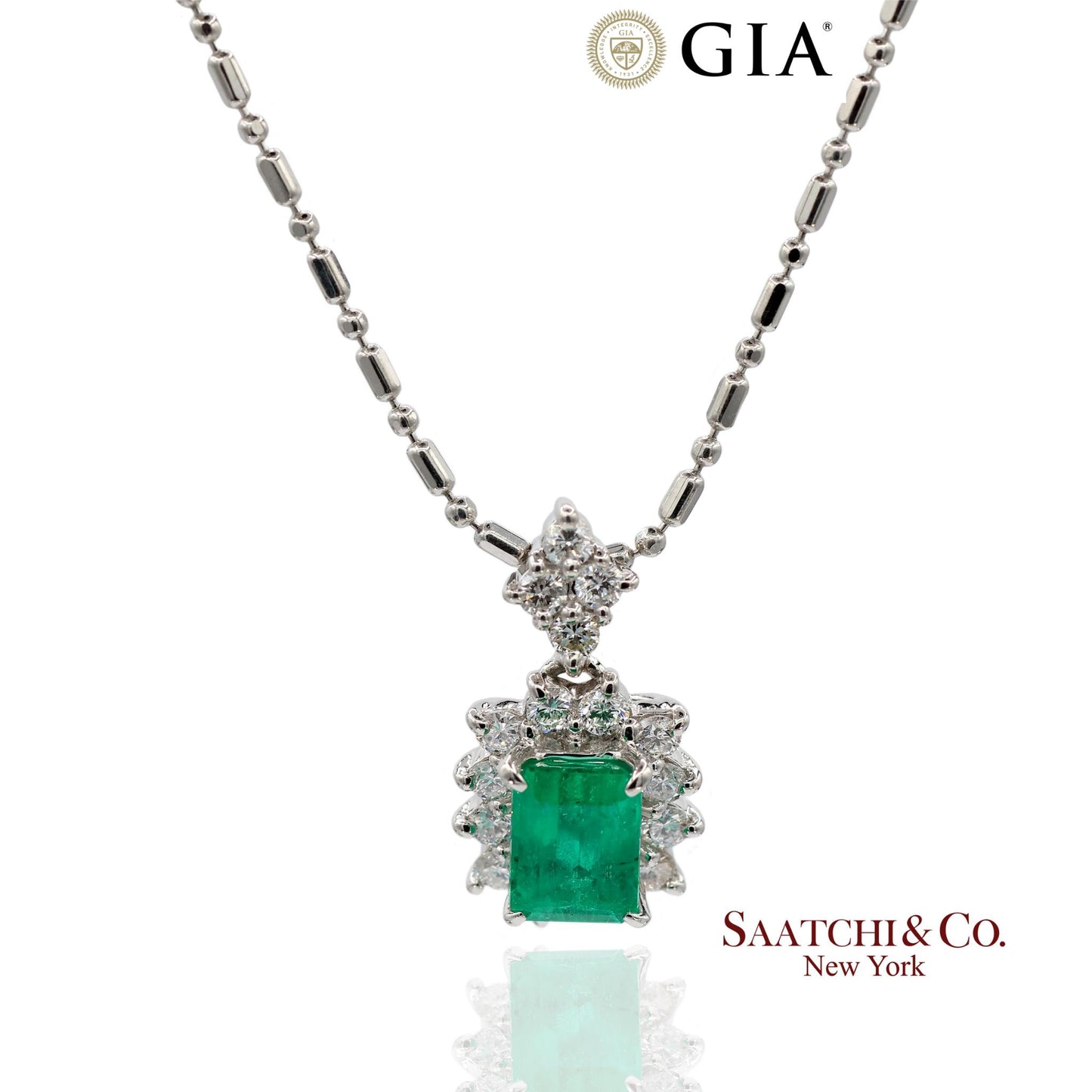 GIA Certified Platinum 900 Emerald & Diamond Pendant with Platinum 850 Chain
