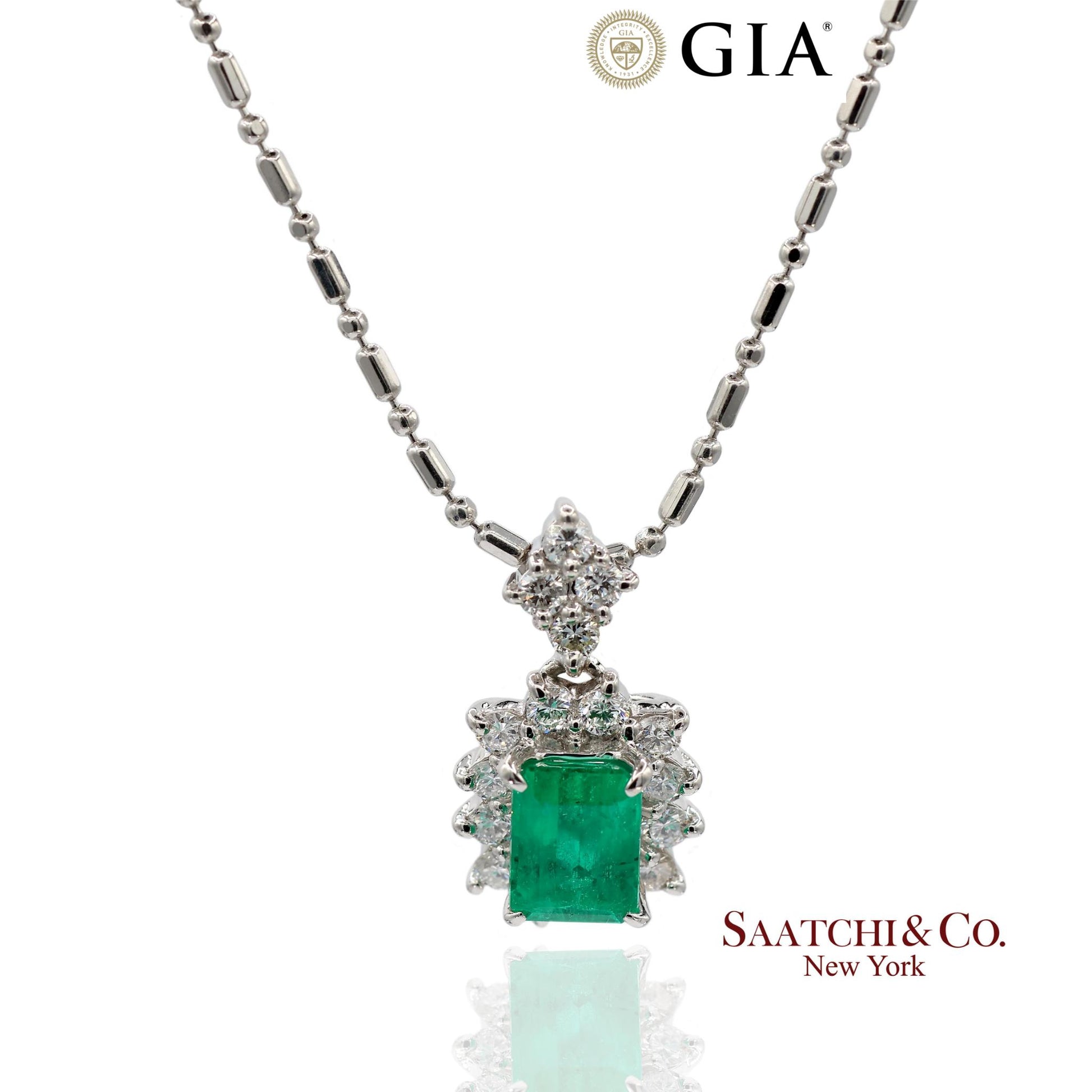 GIA Certified Platinum 900 Emerald & Diamond Pendant with Platinum 850 Chain