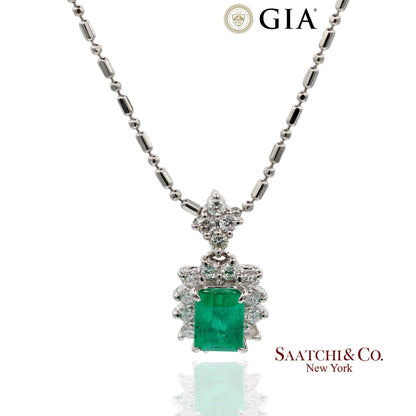 GIA Certified Platinum 900 Emerald & Diamond Pendant with Platinum 850 Chain