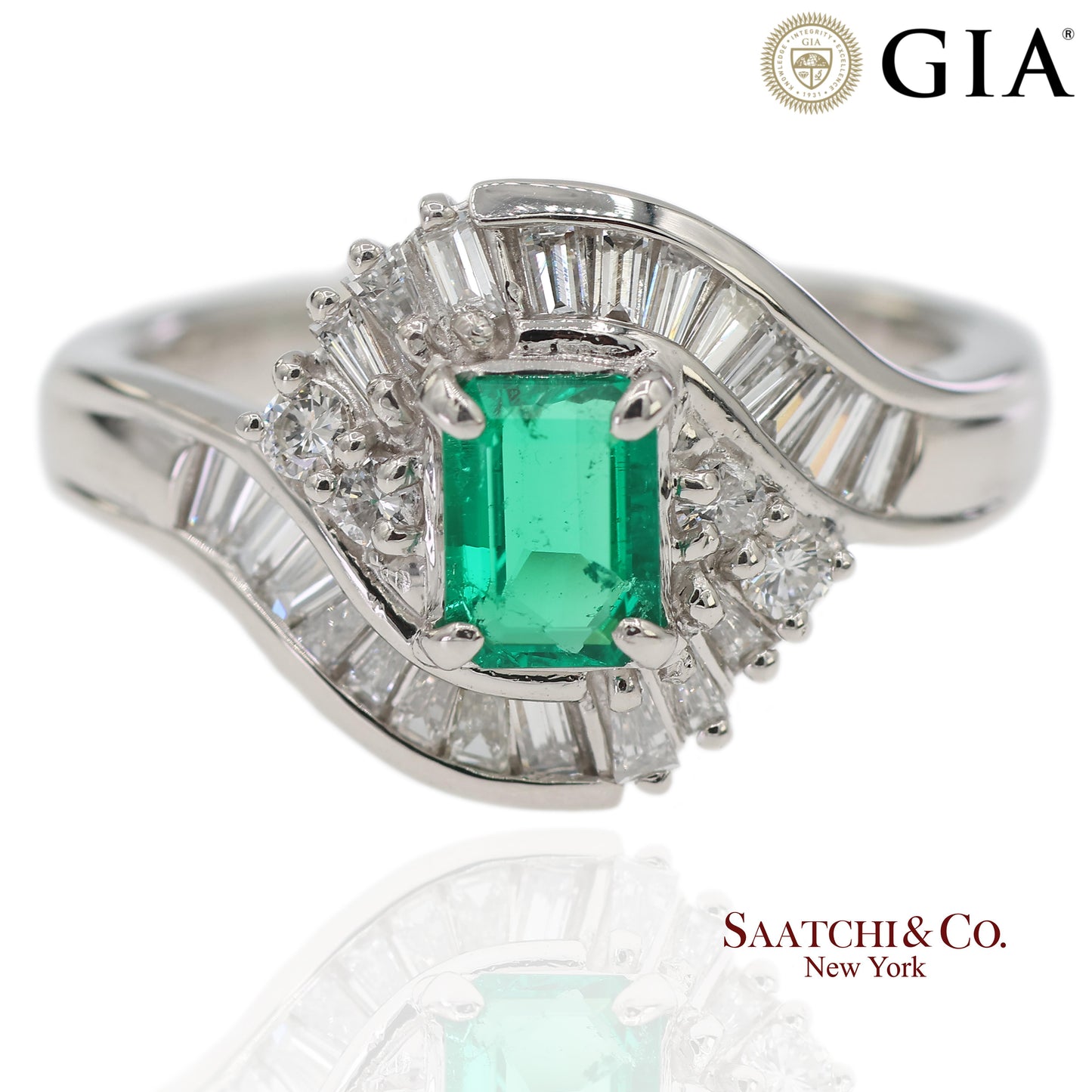 GIA Certified Solid Platinum 900 Natural Diamond and Natural Emerald Ring