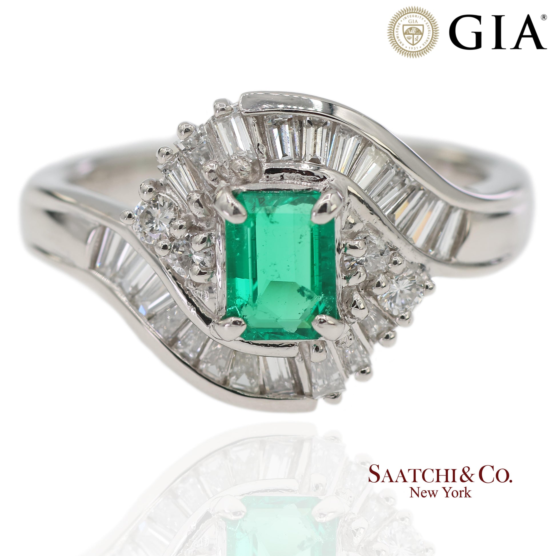 GIA Certified Solid Platinum 900 Natural Diamond and Natural Emerald Ring