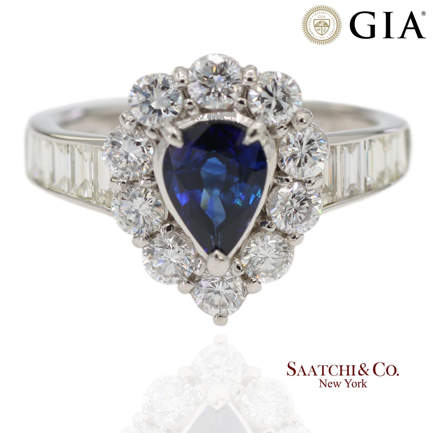 GIA Certified Platinum 900 Blue Sapphire and Natural Diamond Ring