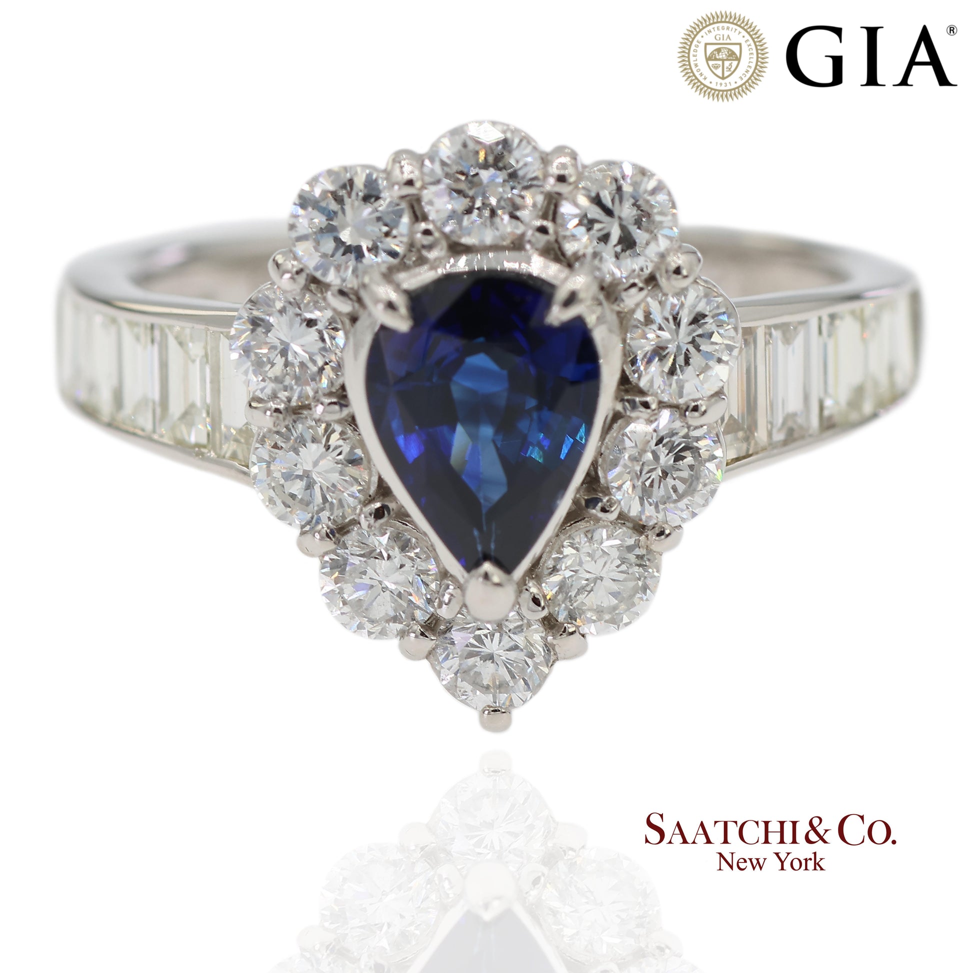 GIA Certified Platinum 900 Blue Sapphire and Natural Diamond Ring