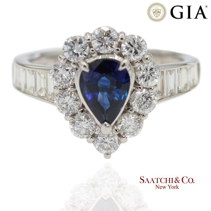 GIA Certified Platinum 900 Blue Sapphire and Natural Diamond Ring