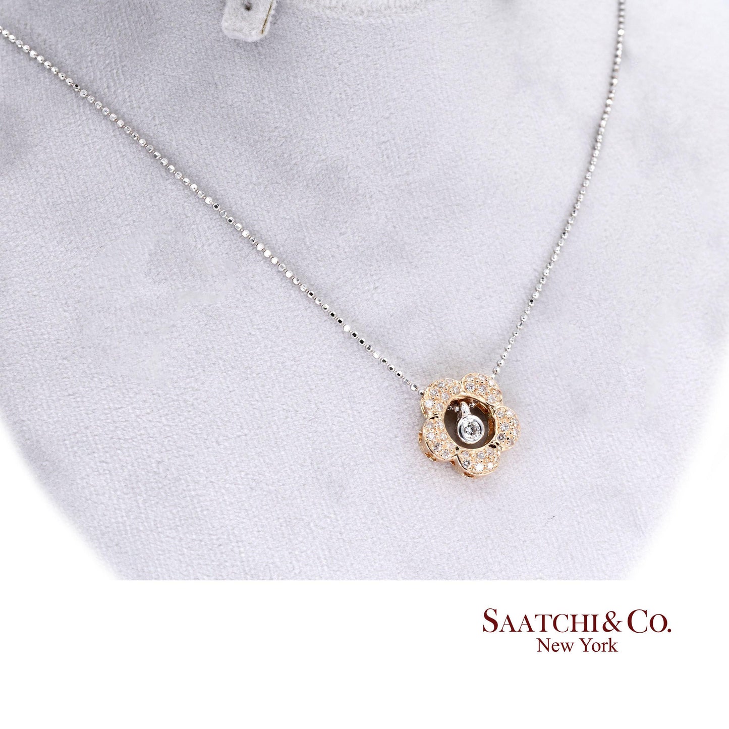 18K 750 Two Tone Rose and White Gold Natural Diamond Flower Pendant with Chain