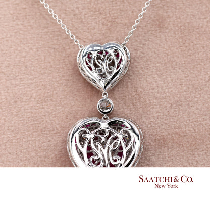 GIA Platinum 950 Double Heart Natural Burma Ruby Milgrain Pendant Necklace