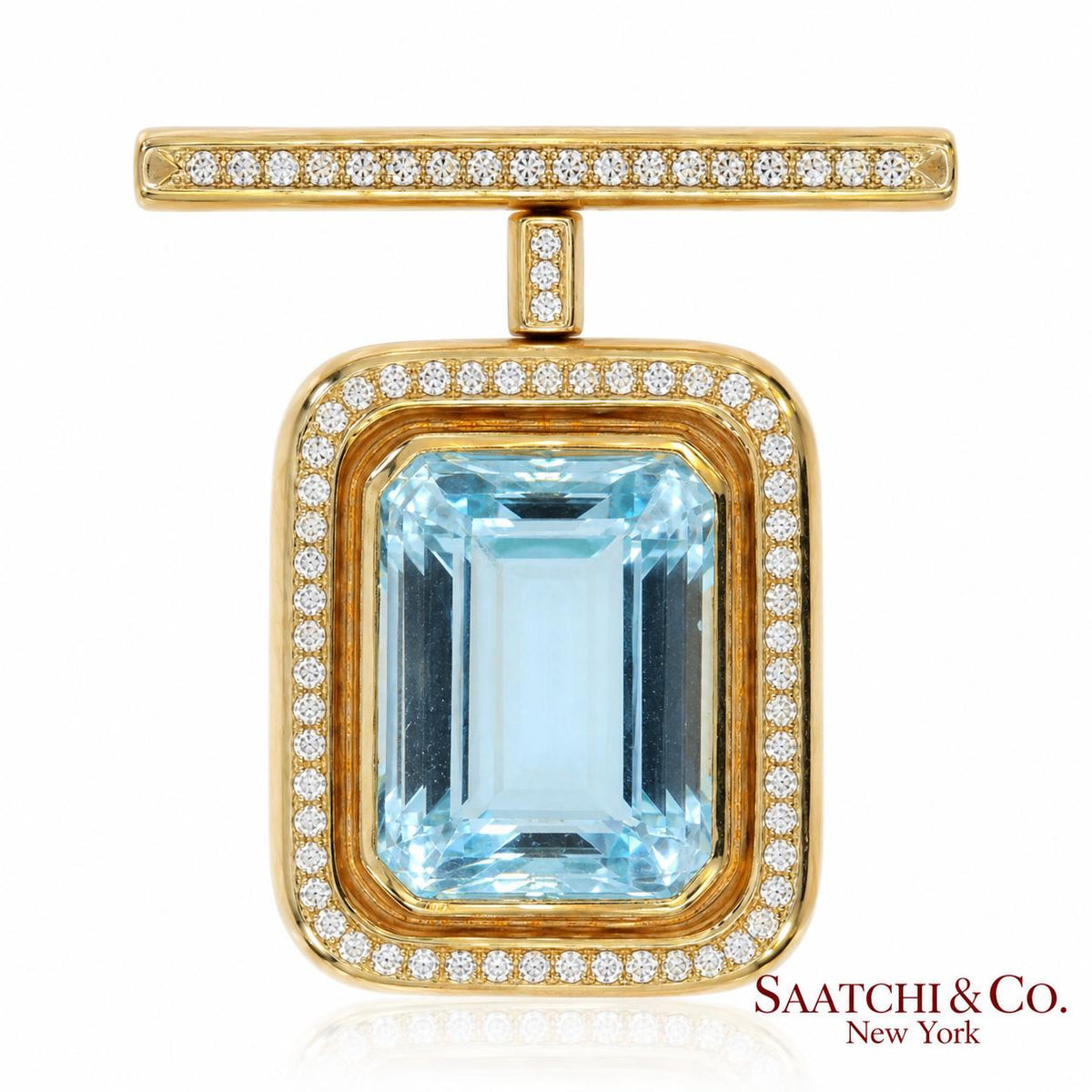 GIA 60 Ct Aquamarine and 4 Ct Diamond 18K Yellow Gold Convertible Pendant Brooch