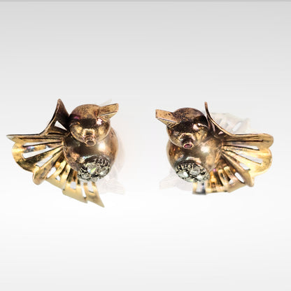 Vintage 18k (750) Yellow Gold Old Cut Natural Diamond Bird Shape Earrings